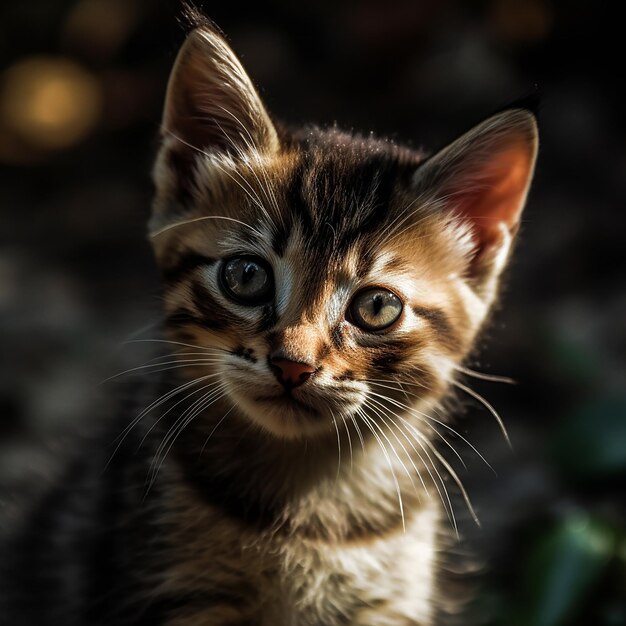 A kitten with a black and white face is looking at the camera.