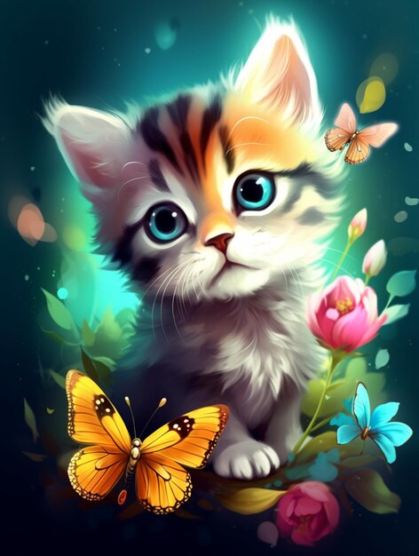 A kitten with blue eyes and a butterfly on its nose