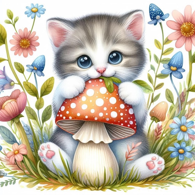 a kitten with blue eyes eating a mushroom with butterflies on it