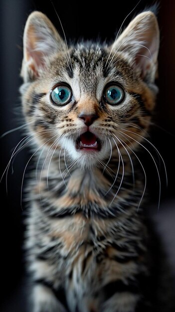 a kitten with blue eyes is looking at the camera