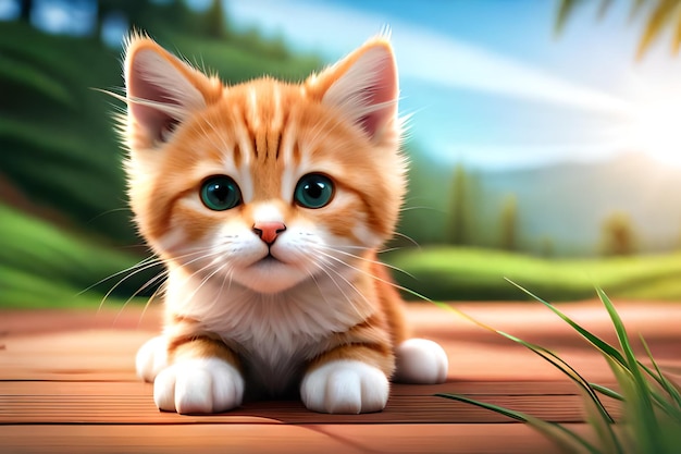 A kitten with blue eyes is on a wooden deck.