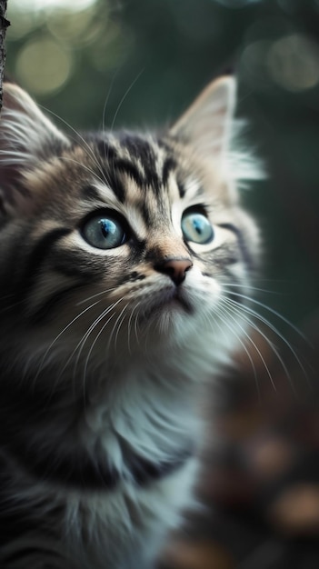 A kitten with blue eyes looks up at the camera.