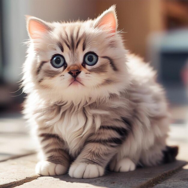 a kitten with a blue eyes and a pink nose is sitting on a tile floor