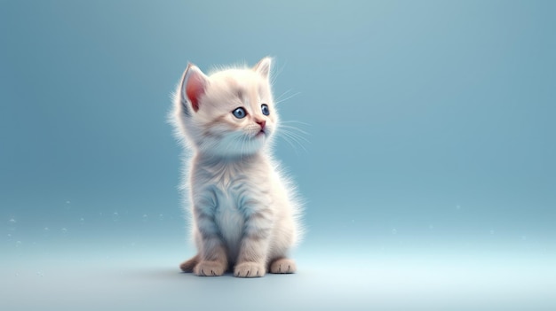 A kitten with blue eyes sits on a blue background.