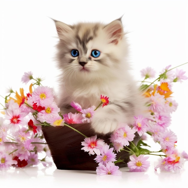 A kitten with blue eyes sits in a brown hat in a flower pot.