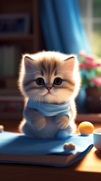 A kitten with a blue scarf sits on a table with a bowl of food.