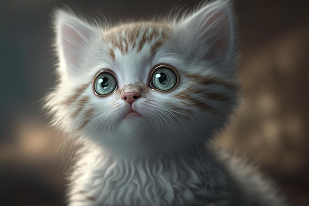 A kitten with a brown background and blue eyes.