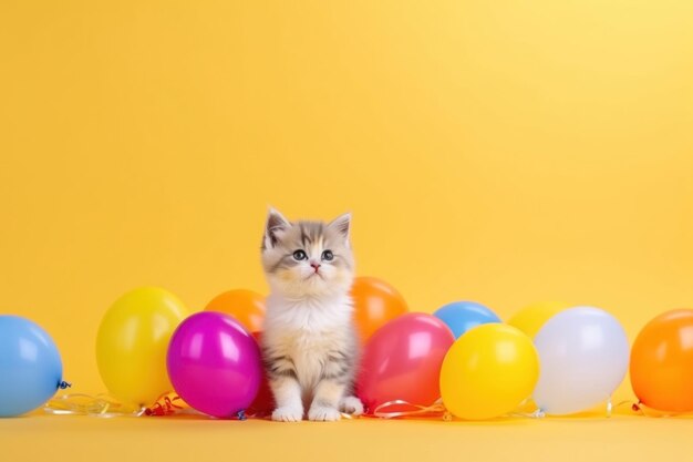 Kitten with colorful balloons on a yellow background copy space for text ai generated