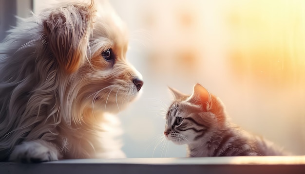 窓を見つめる犬と猫の子