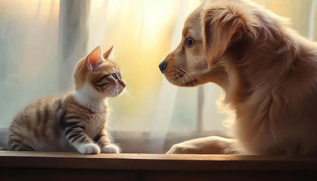 窓を見つめる犬と猫の子