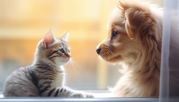 窓を見つめる犬と一緒に子猫