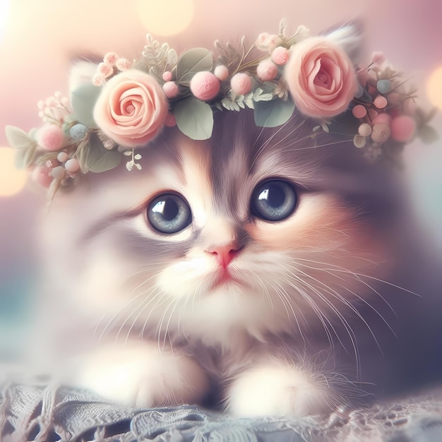 a kitten with a flower crown on its head