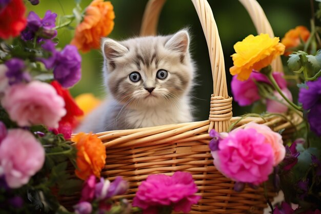 kitten with flowers kitten in basket cat and flowers kitten in a basket