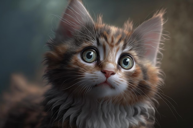 A kitten with green eyes looks up at the camera.