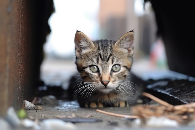 A kitten with green eyes sits under a birdhouse.