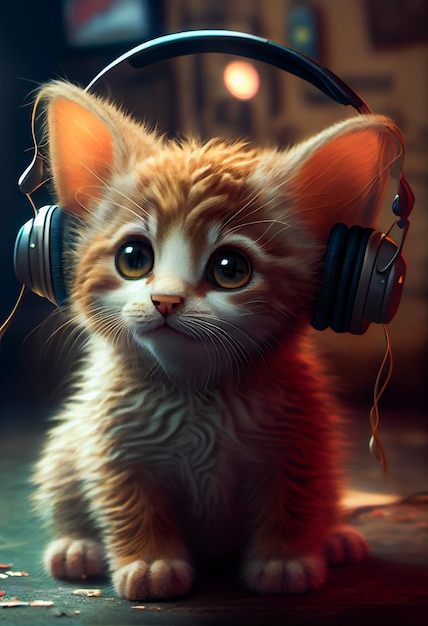 Kitten With Headphones Cute Cartoon Kitten Generative AIxA