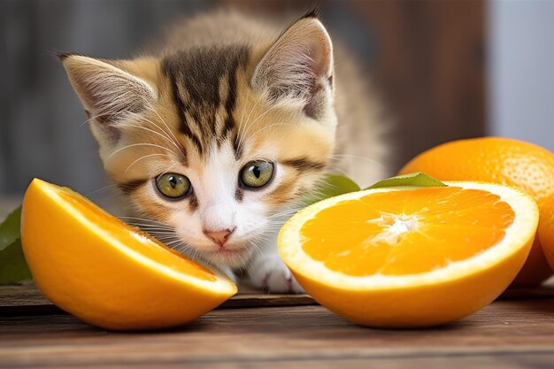 Photo a kitten with oranges on a table