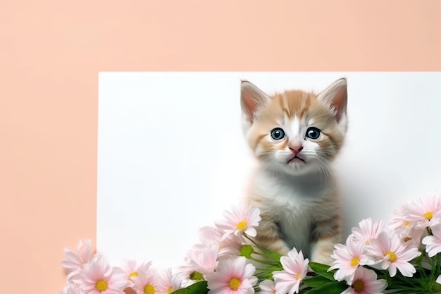 Kitten with paper or card and flowers