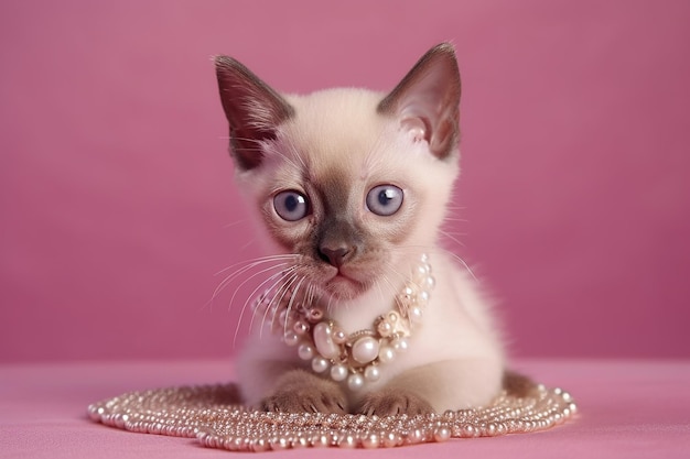 ピンクの背景に真珠のネックレスを持つ子猫