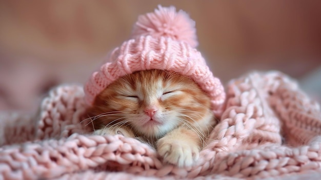 a kitten with a pink hat on its head