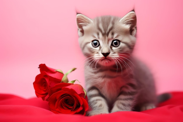 白い背景の赤いバラを飾った子猫バレンタインデー