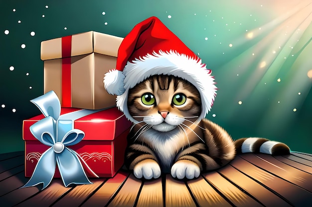 Котенок в шляпе Санты и дарит иллюстрацию Generative AI на Рождество