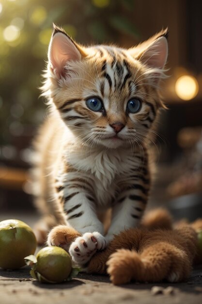 a kitten with a striped face is standing on some apples.