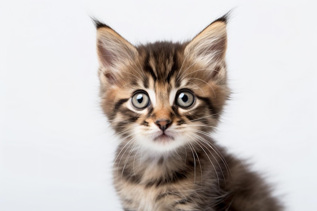 A kitten with a white background and a blue eye.