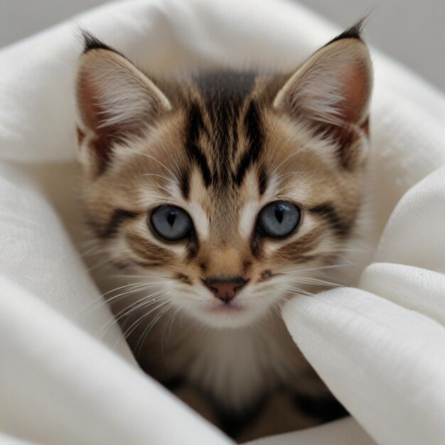 a kitten with a white and brown face and blue eyes