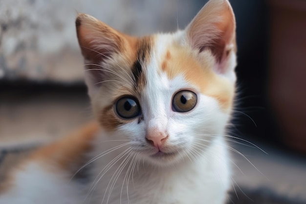 A kitten with a white and orange tail sits on a table.