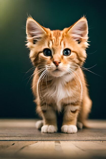 A kitten with white paws stands on a wooden table.