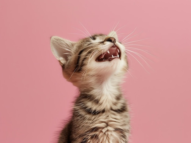 Foto un gattino che sbadiglia su uno sfondo rosa