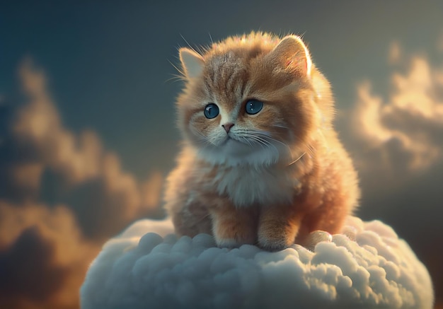 Kitten zit op een wolk in de lucht