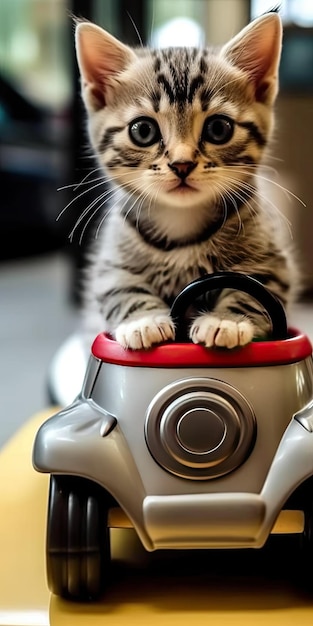 Kitten zit thuis in een miniatuur speelgoedauto en kijkt ernaar