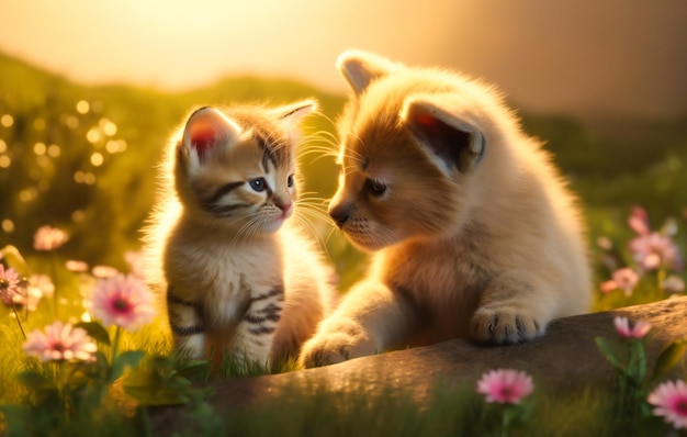 Kittens en puppy's houden van elkaar schattige kitten