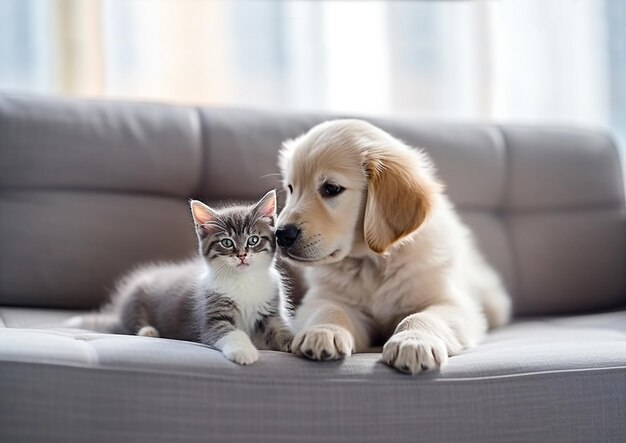 Kittens en puppy zitten op de bank.