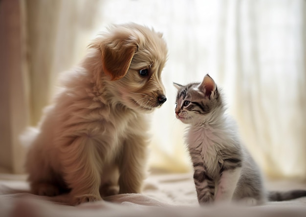 Foto kittens en puppy zitten op het bed.