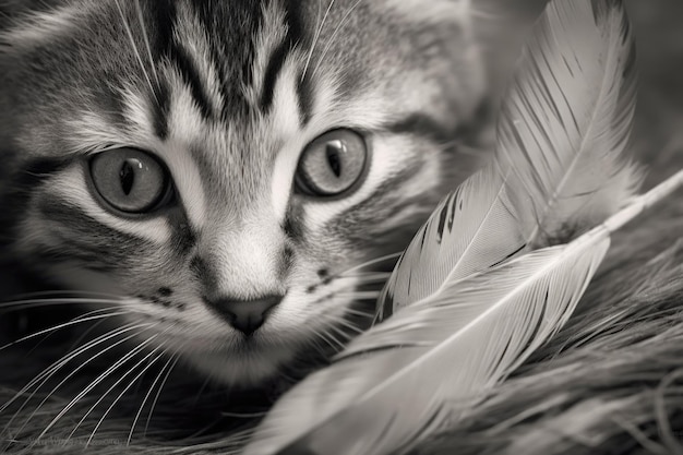 Kittens eyes focused on feather tail twitching