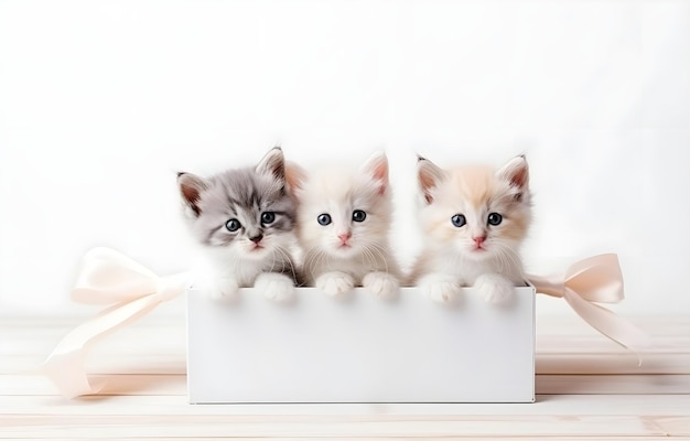 kittens in gift present box on white wooden table soft light for holiday card design