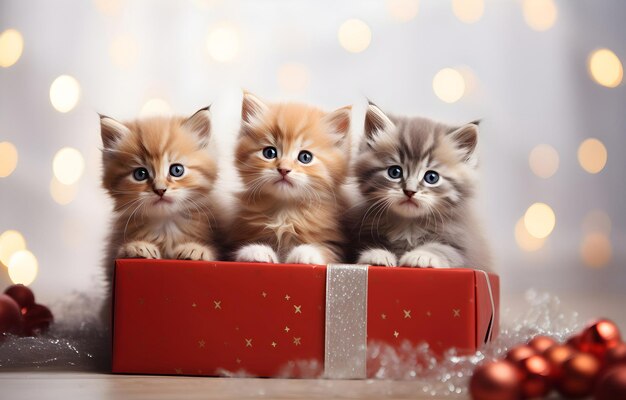 kittens in gift present box on white wooden table soft light for