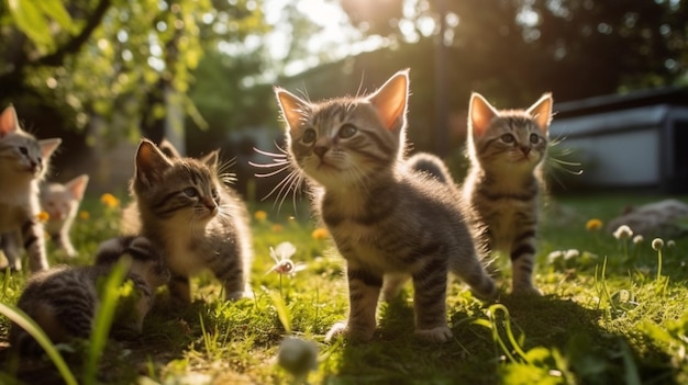 kittens in the grass with the sun behind them.