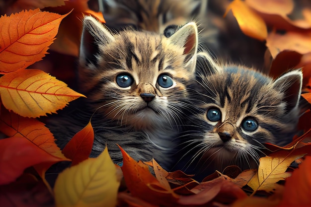 Foto kittens liggen op een stapel herfstbladeren generatieve ai