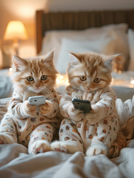 Kittens met smartphones in gezellige pyjama's