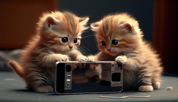 Kittens playing with modern phone