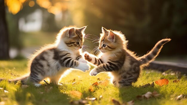 kittens spelen in het gras met de zon achter hen