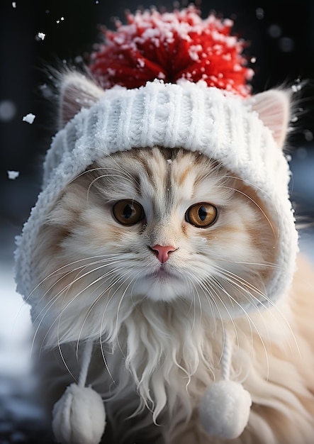 kitty cat kitten met hoed hoofd koude pure kleur achtergrond besneeuwde omgeving moment bevroren tijd