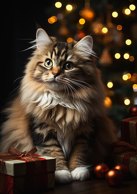 kitty cat kitten sitting presents tree profile spiky fluffy hair pleasant face portrait backdrop