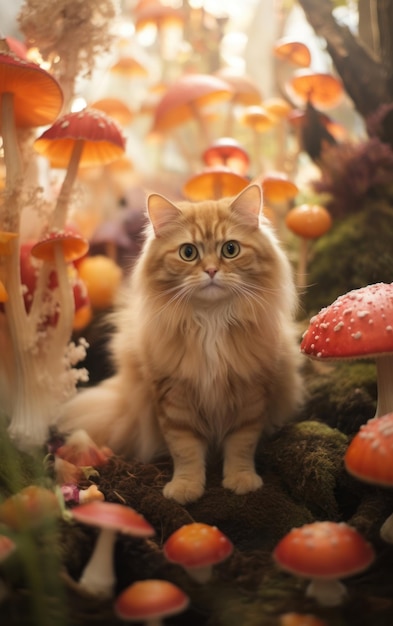 Kitty in a Garden with Mushrooms