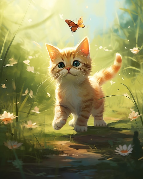 Kitty kat kitten lopen gras vlinder hoofd achtergrond stralen zonlicht groet hartelijk schattig