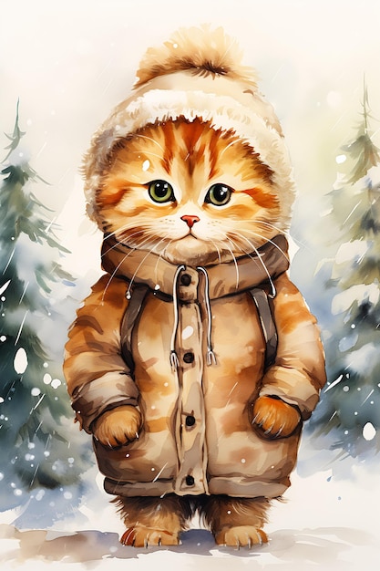 Kitty Kat Kitten Winterjas Staande Sneeuw Trend Pictogram Kijk Cartoon Lopende Jongen Pijnlijk Schattig